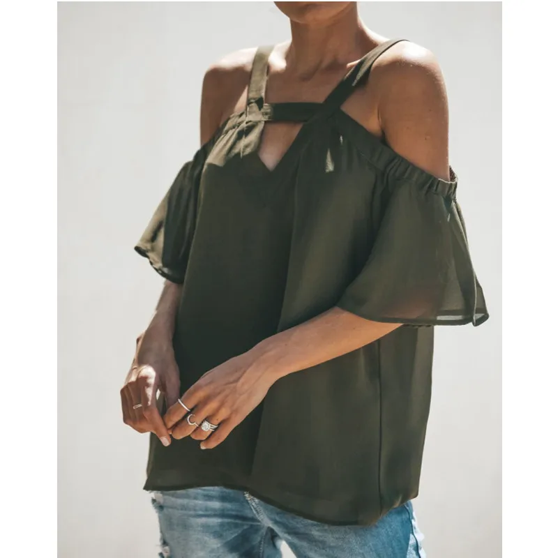 

Women's Clothing Fashion Slash Neck Off Shoulder Loose Flared Sleeve Top Green Chiffon Shirts Good Quality
