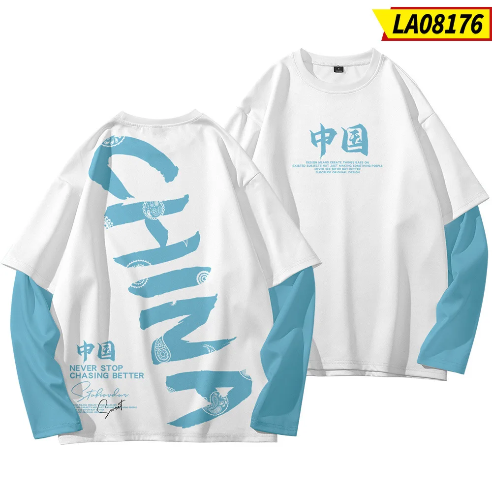 

Chinese Style Fake Two Piece White Print T Shirt Harajuku Summer Hip Hop Long Sleeve Tops Oversized 6XL