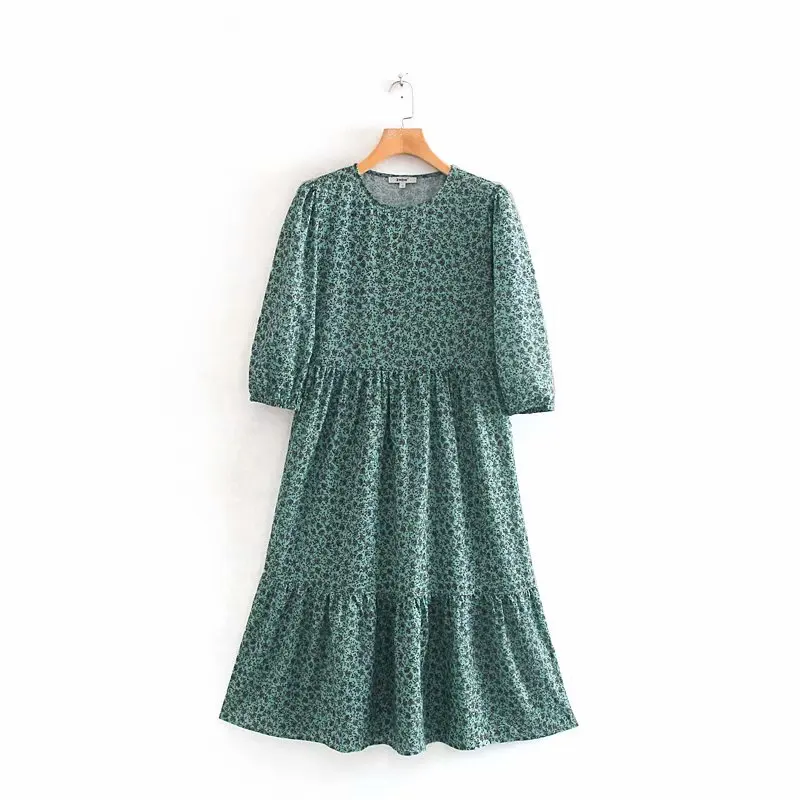 Женское элегантное платье миди с круглым вырезом и цветочным принтом