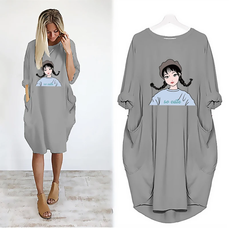 Весеннее платье женские свободные платья с мультяшным принтом винтажная Осенняя