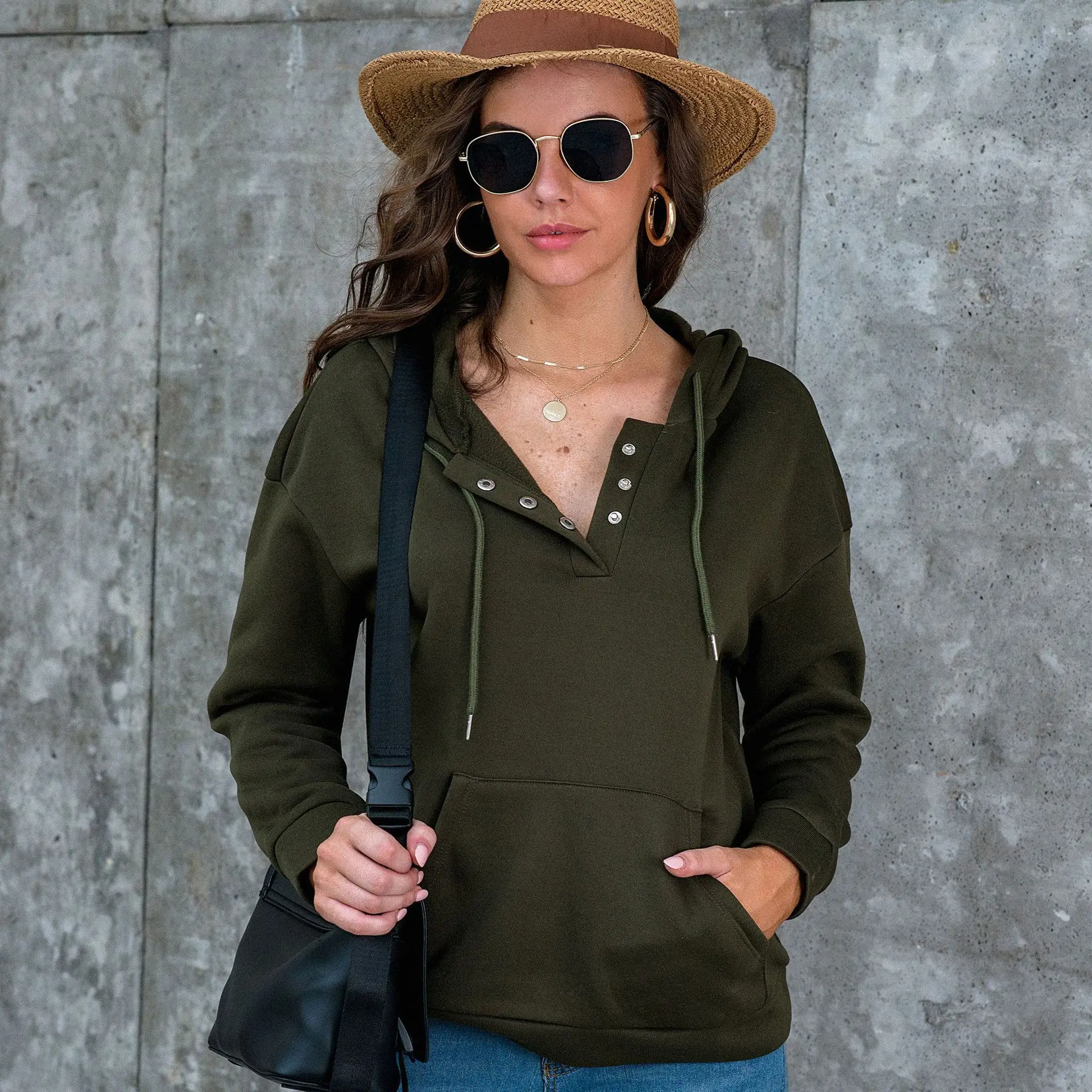 

Autumn European and American women's fashion solid color women's long-sleeved hoodie female with pocket dark buckle collar