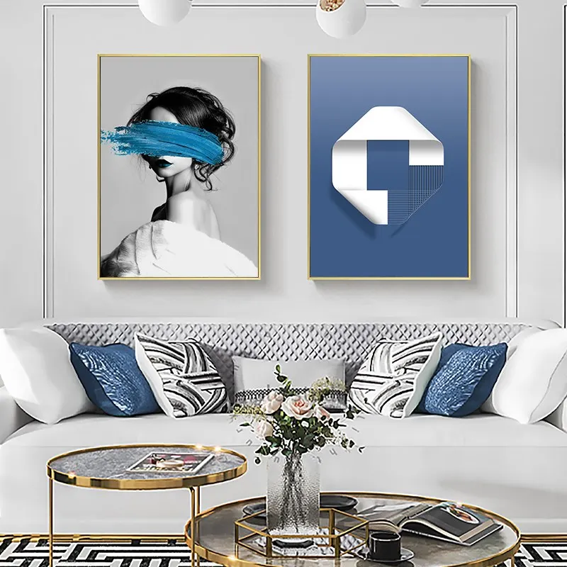 

3 Pieces Blue Woman Poster Wall Art Poster Print Geometric Modern Painting Decorative Pictures for Living Room Home Decoration