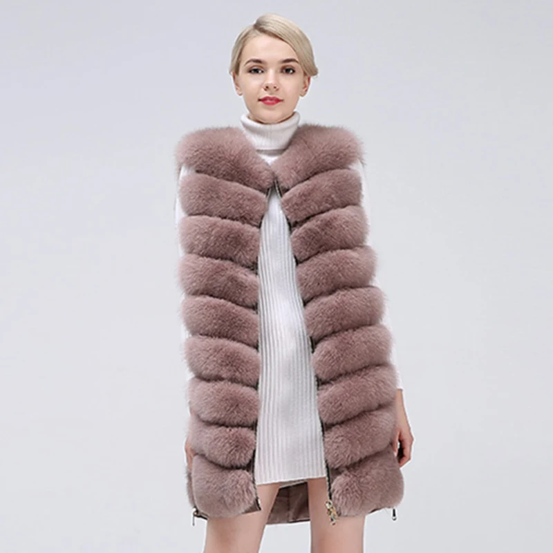 pink Пальто из натурального Лисьего меха, жилет, новинка, длинное пальто на молнии, зимнее теплое пальто, натуральный мех, жилет из натурального Лисьего меха - Цвет: pink