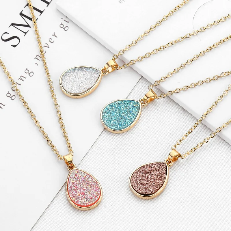 Простой темперамент кулон ключицы цепи красочные Druzy Drusy в форме капли воды