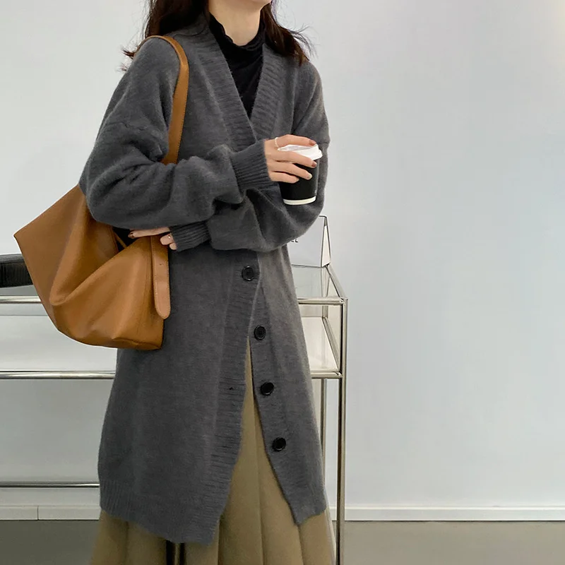 

Женский однотонный вязаный кардиган, плотный однобортный длинный свитер в стиле ретро, Осень-зима 2021