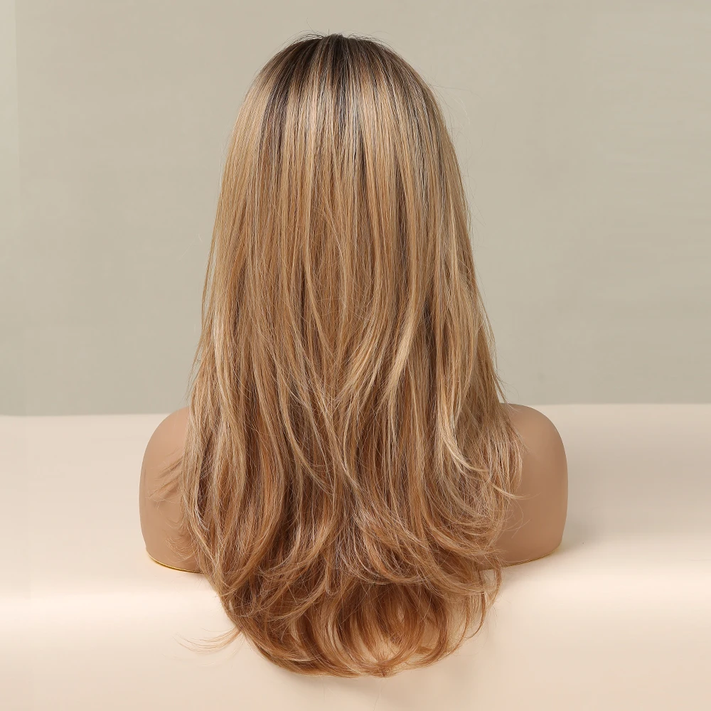 ALAN EATON Long Natural Wave Wig for Women Ombre Black Brown Golden Blonde Synthetic Wigs with Bangs Cosplay Heat Resistant Hair