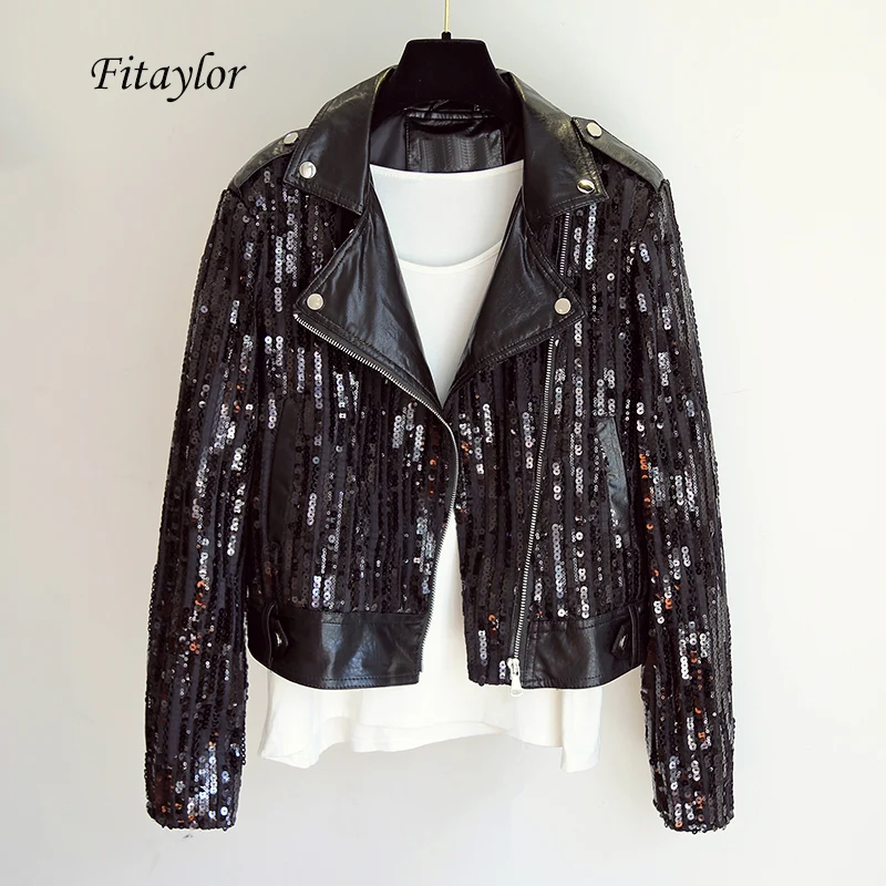 

Fitaylor New Faux Soft Leather Pu Jacket Coats Women Turndown Collar Rivet Zipper Sequin Patchwork Faux Leather Short Outerwear