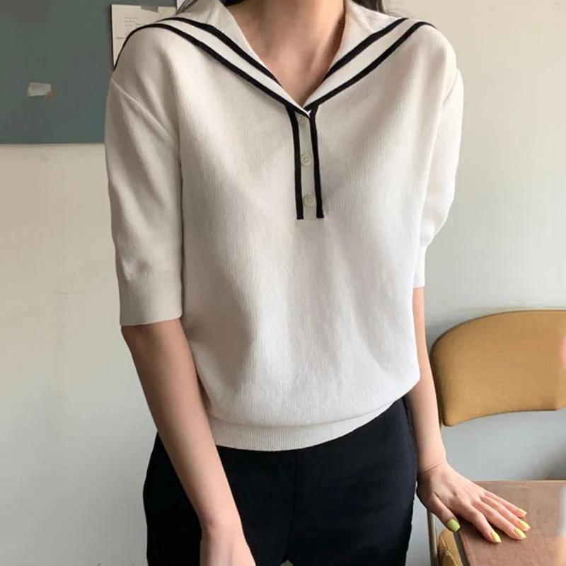 

Chic Pullovers Woman Korean Summer New Ins Fashion Solid Simple Loose Versatile Short Sleeves Female Knitting Top Tide