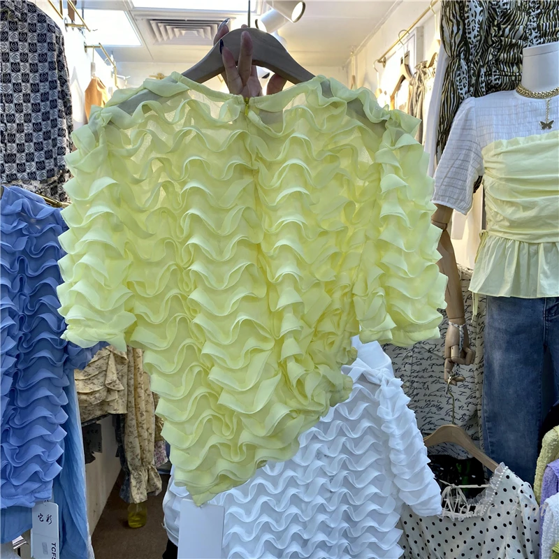 Pull Chemisiers Femmes Nouveau Style Coréen Tout-Match Micro Transparent Ondulé Dentelle Chemise 2021 Printemps et D'été Montre De Sport Mince