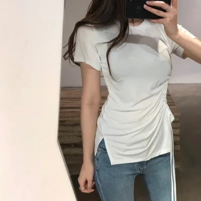 

2020 Women Summer Round Neck Irregular T-Shirt With Side Slit Drawstring Slim Fitting Short Sleeve Solid Color Top Lady T-Shirt