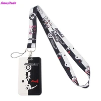 ransitute r1397 black and white anime bear card holder student hanging neck mobile phone lanyard badge subway access card holder