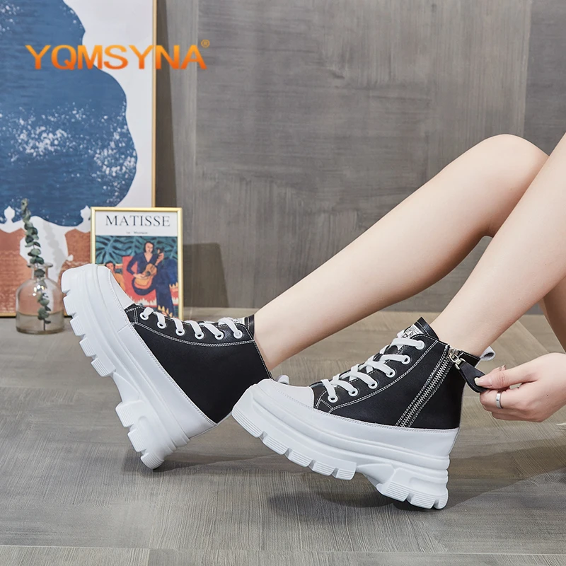 Beli YQMSYNA Sepatu Vulkanis Kasual Datar Bawah Tebal Modis Dengan Sepatu Renda Kantor Peningkatan Internal Ritsleting Ujung Bundar AS362