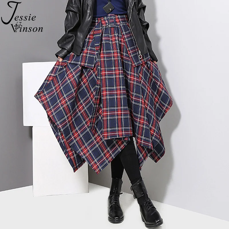 Джесси Винсон Высокая талия плед поясом Асимметричная юбка для женщин корейский