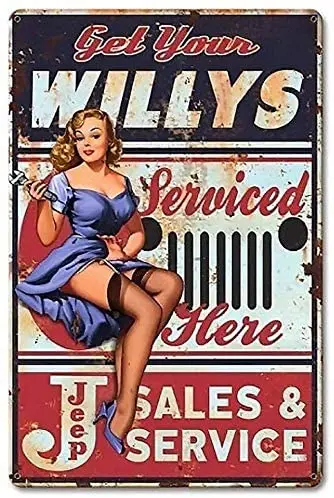 

Willys Serviced Here Pin-up Girl Metal Vintage Tin Sign 8x12 inch Tin Sign