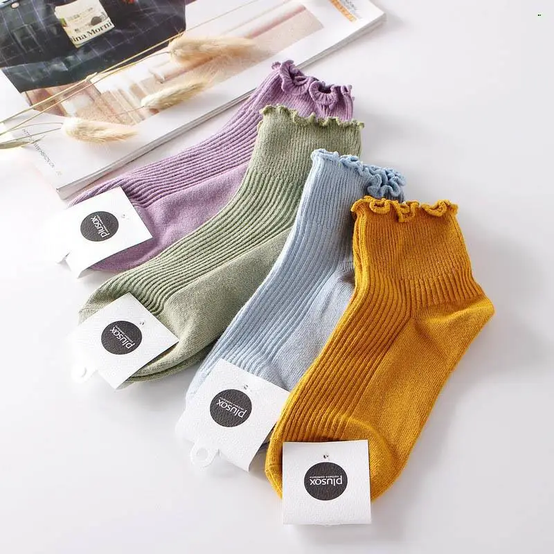 

3pairs Women Socks Spring Summer Sock Frilly Cotton Cute Woman Sock Meias Sox Double Needle Comfortable Fashion Solid Color