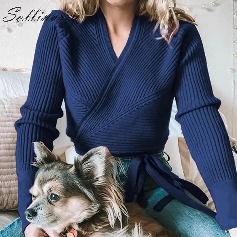 Sollinarry элегантные женские вязаные свитера с запахом кардиган модный Осень-зима