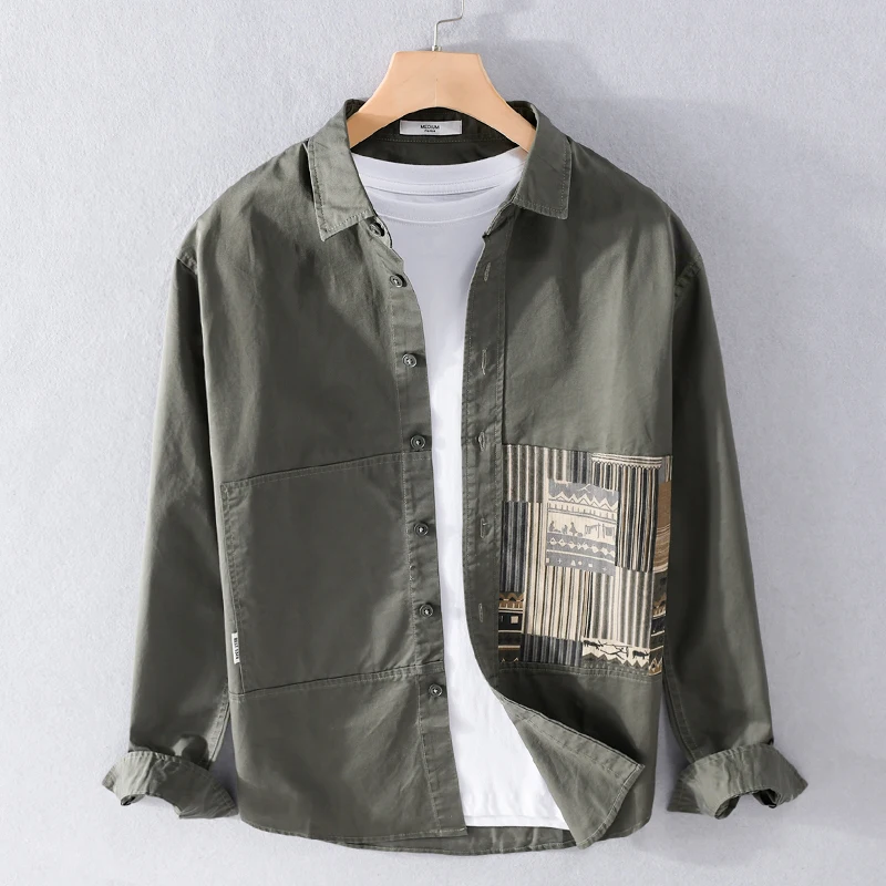 

Новая дизайнерская Повседневная хлопковая рубашка с длинным рукавом, Мужская брендовая модная зеленая рубашка в стиле пэчворк, Мужской Топ, мужская рубашка