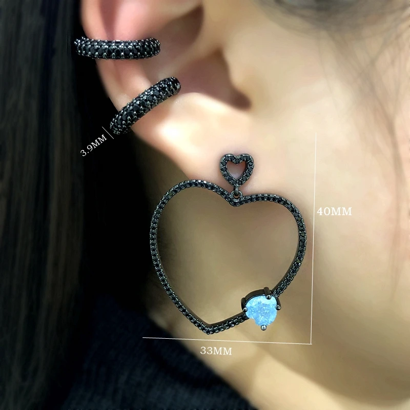 

Bohemian Big Heart Hoop Earring Black Gold Ear Cuff Ear Green Blue Love Heart Cubic zirconia Party Punk Women Fashion Jewelry CZ