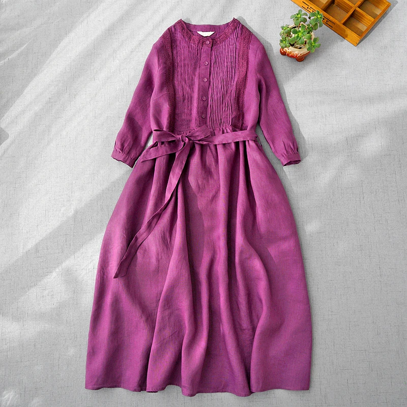 

Spring Autumn New Women Loose Vintage Mori Girl Japan Style Pleated Comfortable Water Washed Linen Shirt Dresses W/h Belt