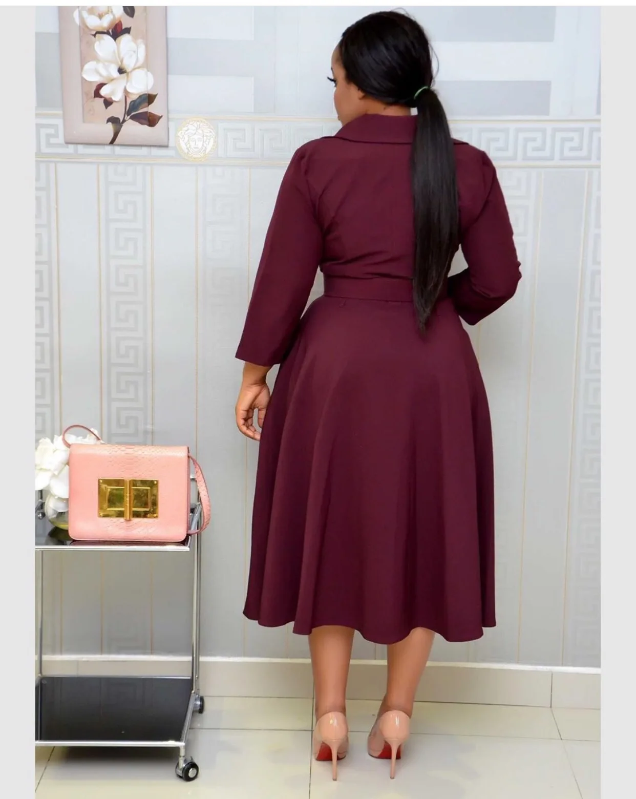 

New Arrivals Women Solid Suit Dress Graceful Plus Size Lady's Turn-down Collar Sashes High Waist Pleated A-line Mid-Calf Dresses