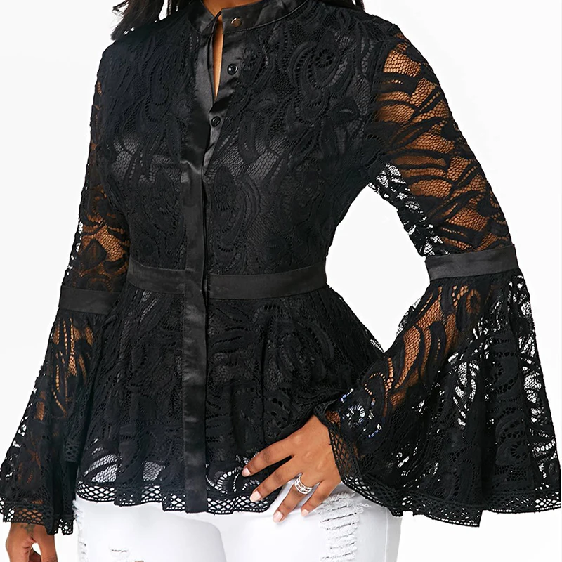 Women Lace Sexy Hollow Out Flared Sleeve Blouses Lady Black Patchwork Print Shirts Blusas Mujer De Moda