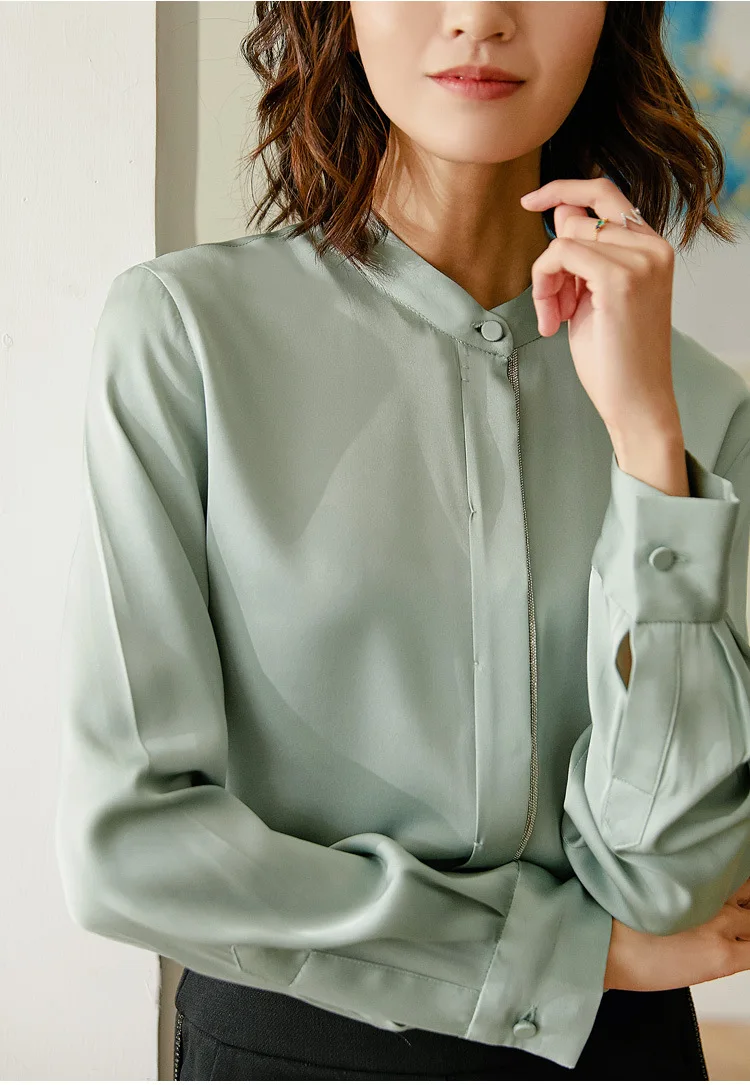 22 мм Тяжелая шелковая блузка Осень длинный рукав мягкая пятнистая рубашка