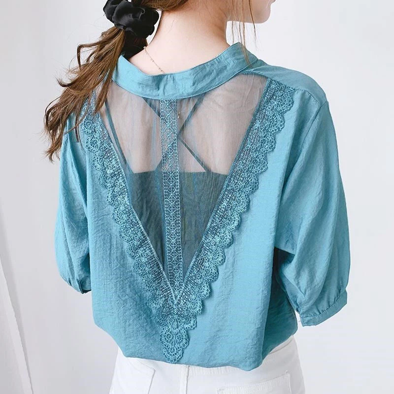 

Women Spring Summer Style Chiffon Blouses Shirts Lady Casual V-Neck Short Sleeve Backless Lace Blouses Shirts DD8921