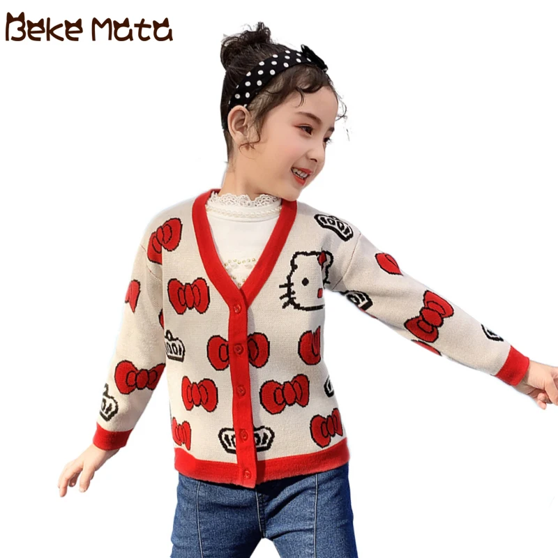 

Kids Cardigans For Girls 2021 Autumn V-Neck Cartoon Cat Toddler Girl Sweaters Long Sleeve Cotton Knitted Children Sweaters 2-11Y