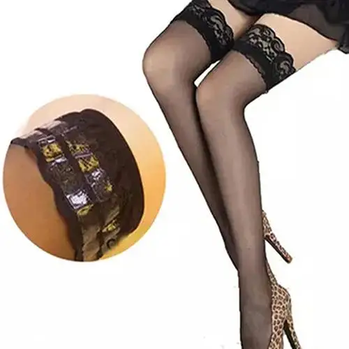 Hot Women Sexy Lace Elastic ultra-thin Transparent Black Top Silicon Strap Anti-skid Thigh Nightclub High sexy thigh stockings