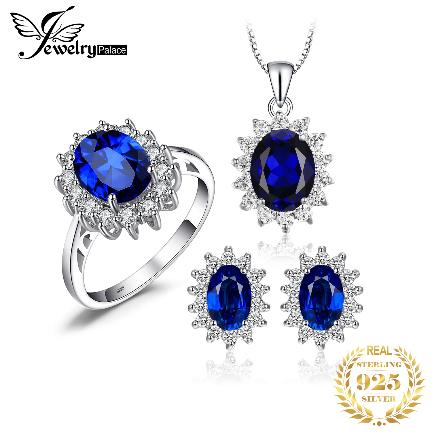 JewelryPalace Princess Diana Created Blue Sapphire Ring Pendant Necklace Stud Earrings Crown 925 Sterling Silver Jewelry Set