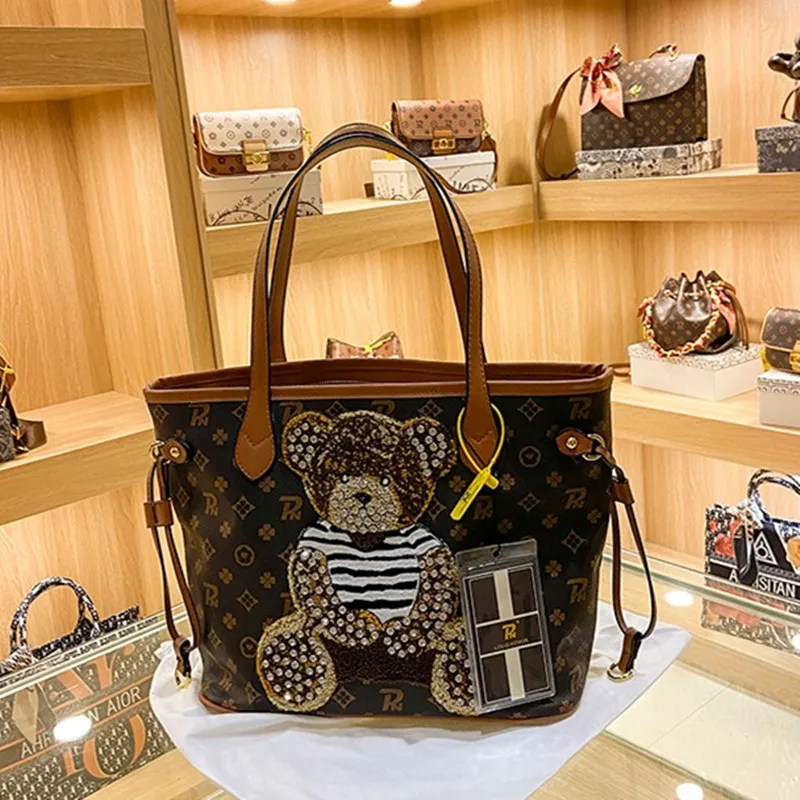 

Повседневная универсальная вместительная дамская сумка-ведро с принтом медведя для дальнозоркости, новинка 2021, Ретро сумка через плечо, же...