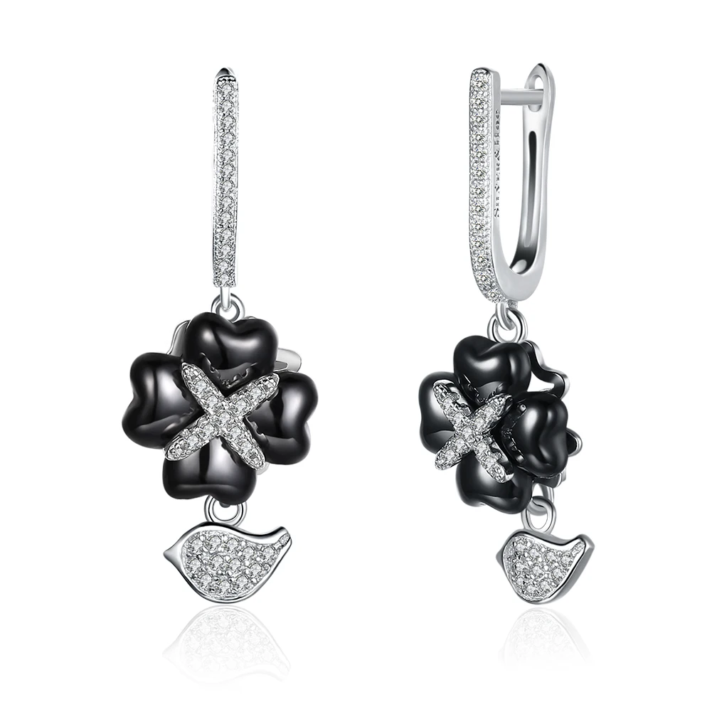 

SILVERHOO 925 Sterling Silver Drop Earrings For Women Cubic Zirconia Hanging Leaves Shape Black Ceramic Earring Fine Jewelry New