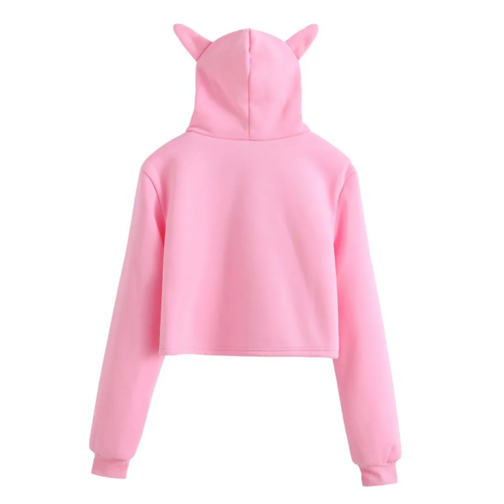 

Fashion Cat Ears Hoodies Women Hooded Rainbow Crop Tops Sweatshirt Female Ladies Autumn Winter Long Sleeve Pullovers Streetwear