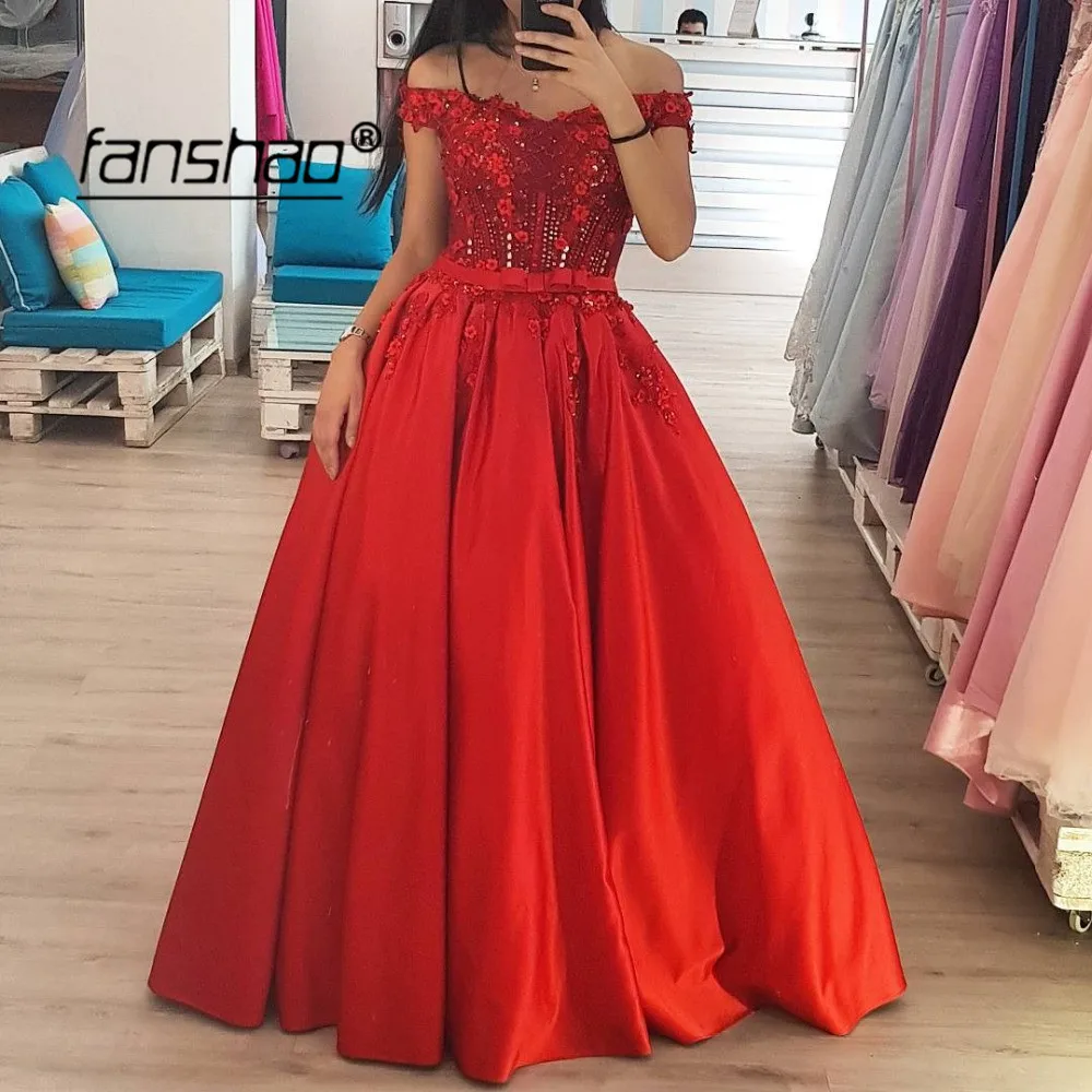

Red Evening Dresses Off the Shoulder Beads Appliques vestidos de festa Dubai Saudi Arabic Evening Gown Prom Dress