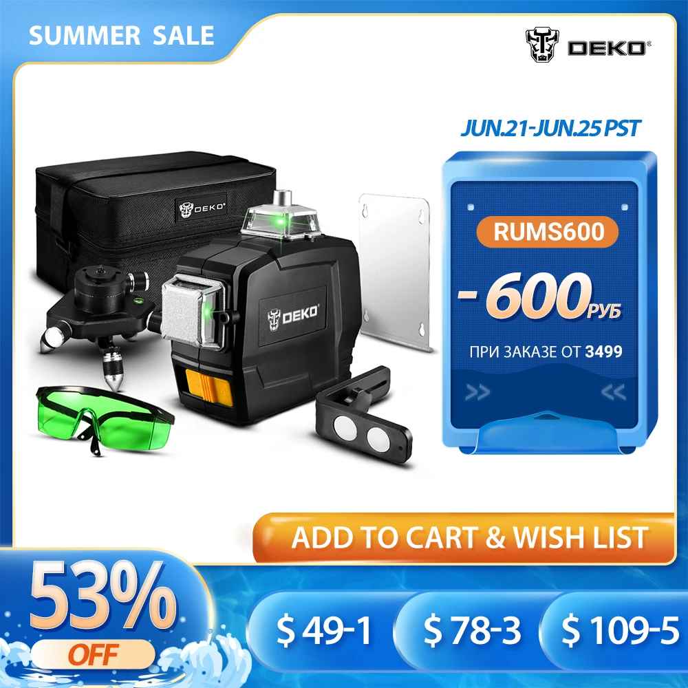 DEKO DC Series 12 Lines 3D Green Laser Level Horizontal And Vertical Cross Lines With Auto Self-Leveling, Indoors and Outdoors