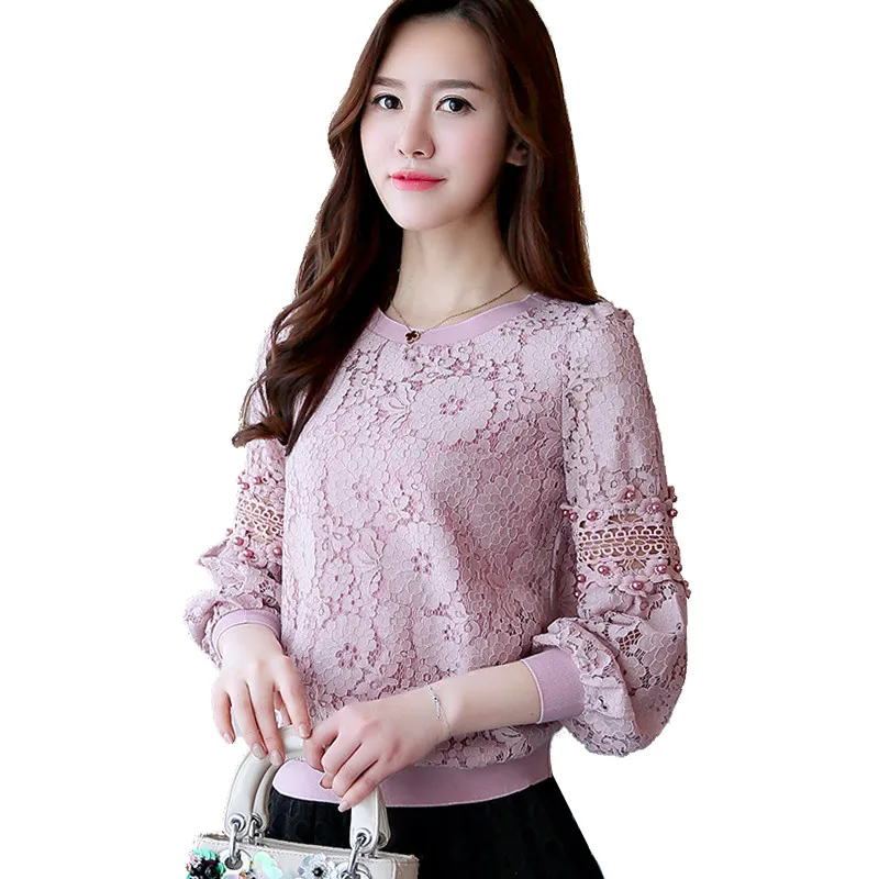 2021 модная розовая кружевная блузка женская рубашка с длинным рукавом Дамские