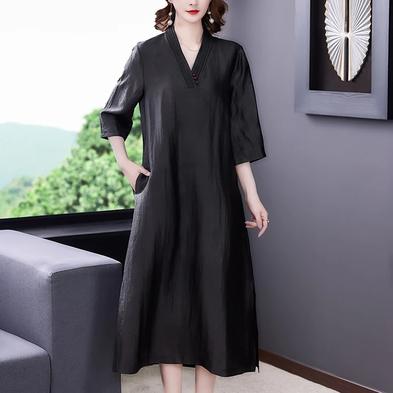 

COIGARSAM 3XL Plus Size Loose Women Long dress Summer V-Neck Dresses Black 8997