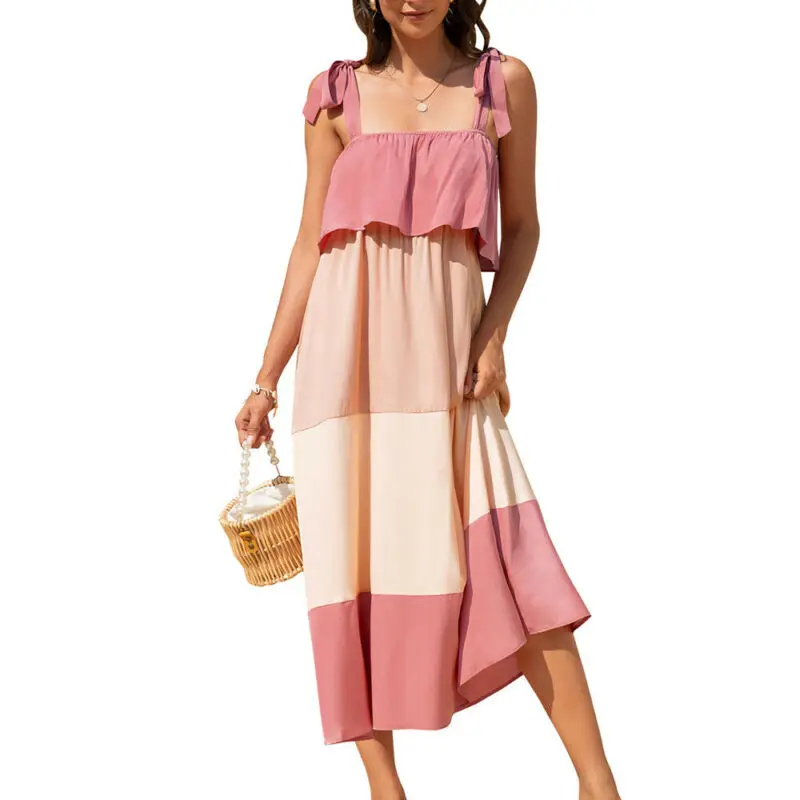 

VICABO Women Dress Sleeveless Sling Patchwork Dress Straps Bandage Long Dress Elegant Beach Sundress Summer Woman Dress 2021