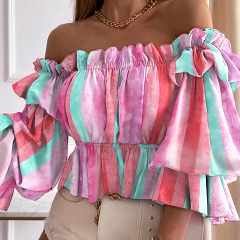 

Women Ruffles Blouses Elegant Lantern Sleeve Beach Blouse Sexy Off Shoulder Chiffon Floral Shirts Summer Autumn Women Blusas Top