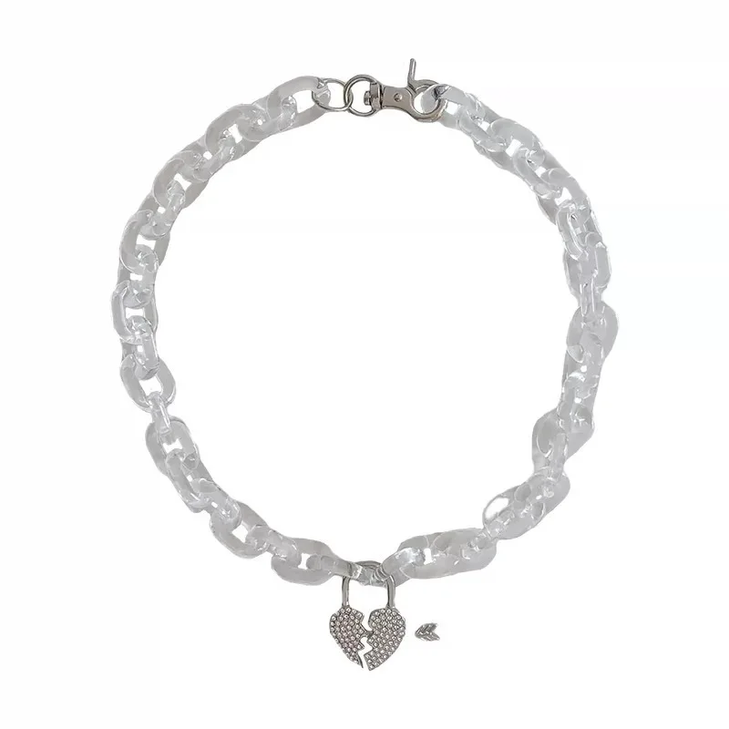 

Minar Unique Clear Acrylic Crystal Heart Pendants Necklace Chunky Cuban Chain Necklaces for Women Transparent Choker Jewelry