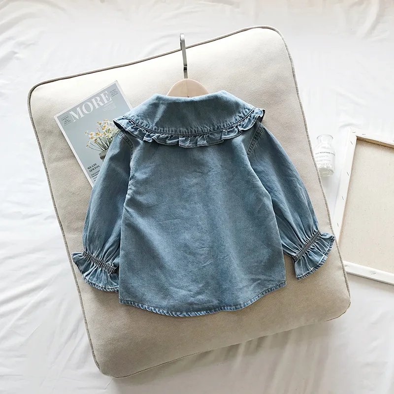 Осенняя рубашка для девочек 2019 г. детская одежда детей хлопковые джинсы с