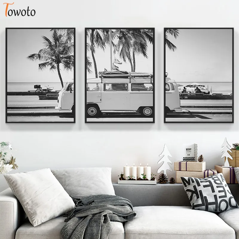 Прибой пальмы океана печати автобус Кемпер путешествия плакат пейзаж холст