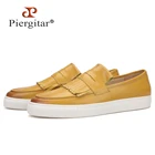 Piergitarмужские кроссовки из матовой желтой телячьей кожи, без шнурков, с бахромой и кожаной стелькой, мужские лоферы с белой подошвой, мужская повседневная обувь