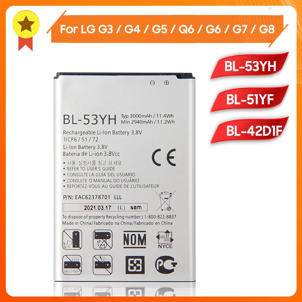 

Original Phone Battery BL-53YH BL-51YF BL-42D1F BL-T33 BL-T32 BL-T39 BL-T41 for LG Q6 G6 Mini M700 G4 H818 F500 G3 G5 G6 G7 G8