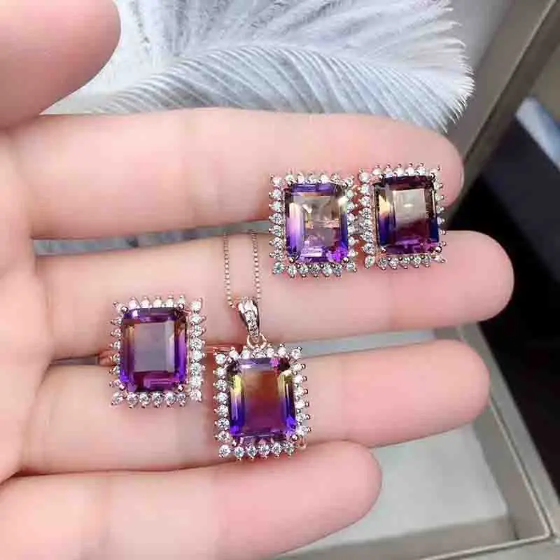 

Square Cuted Ametrine Jewelry Sets for Women Party Necklace Earrings and Ring Fine Jewelry Gifts Top Quality S925 Sliver S54