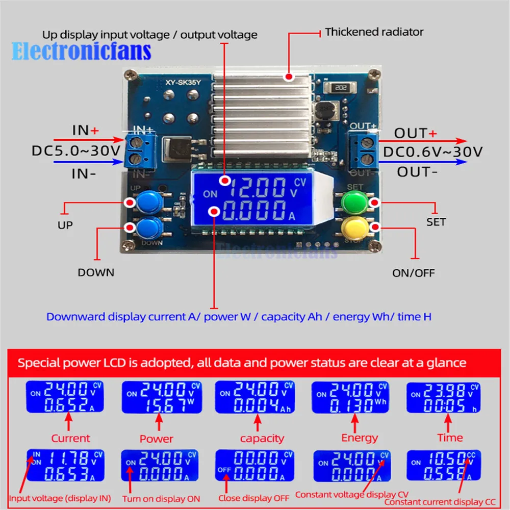 

DC DC 35W 4A Automatic Buck Boost Power Supply Module SK35Y CC CV Adjustable Regulated Constant Current Solar Charging Board