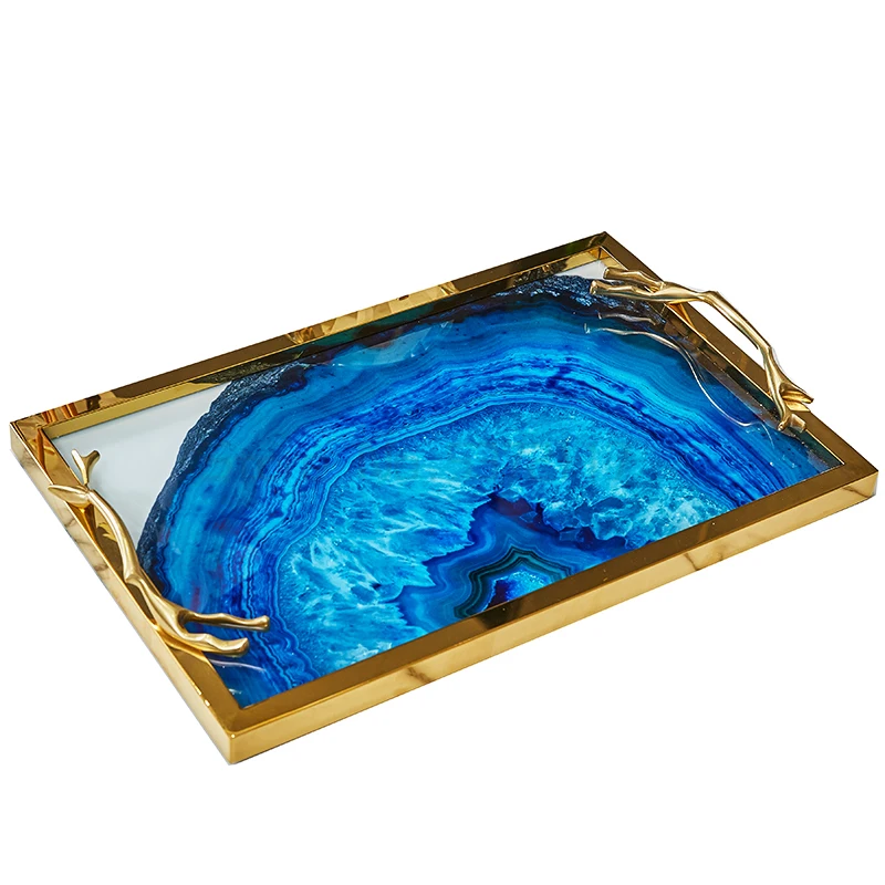 

Blue Agate Pattern Storage Tray Metal Glass Binaural Decorative Plate Round Rectangular Tea Table Storage Tea Tray Jewelry Dish