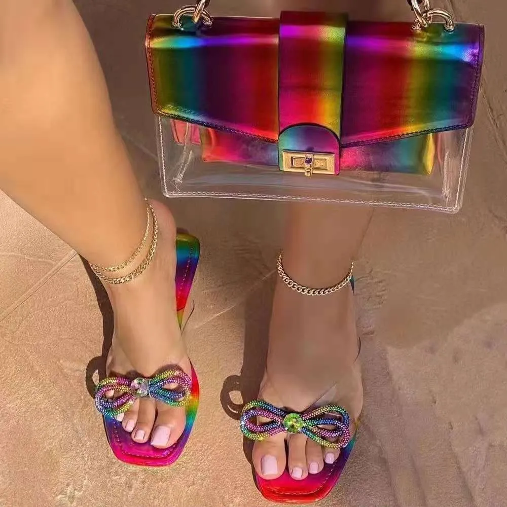 

Neon Jelly Purses and Slide Set Rainbow Bow Flip-flops and Handbags Rhinestone Flat Slipper Bag Fashion Shoes Chanclas Mujer