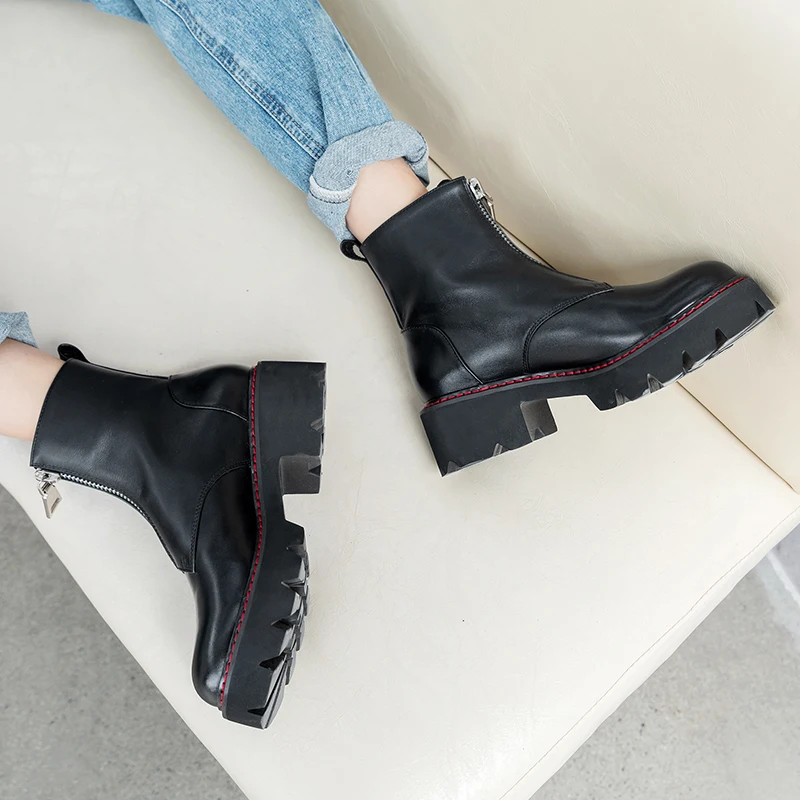 Женские ботинки; ботинки из натуральной кожи; черные ботинки Martens; женские ботильоны; мотоботы; зимняя обувь на платформе и толстом каблуке