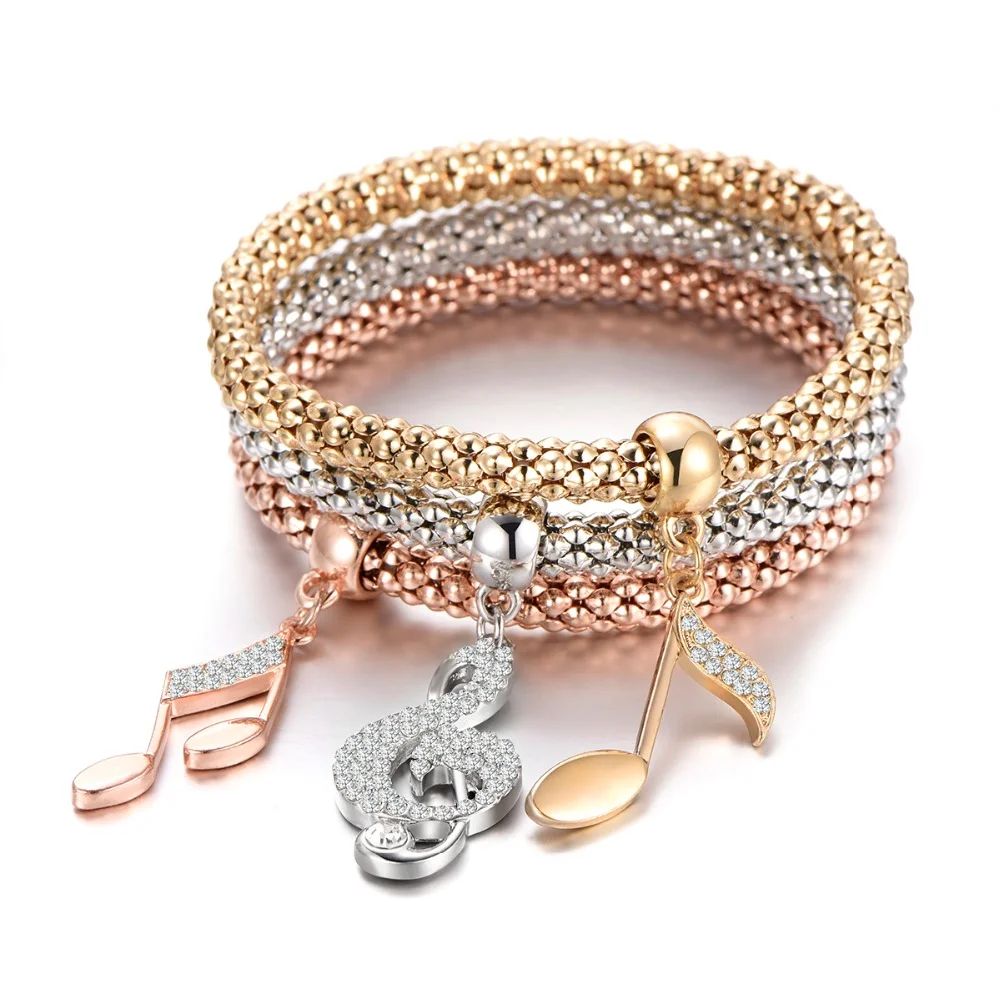 

Golden 3Pcs Charms Bracelet Music Note Bracelets For Women Pulsera Femenina Fashion CZ Crystal Jewelry Gift Popular Dropshipping